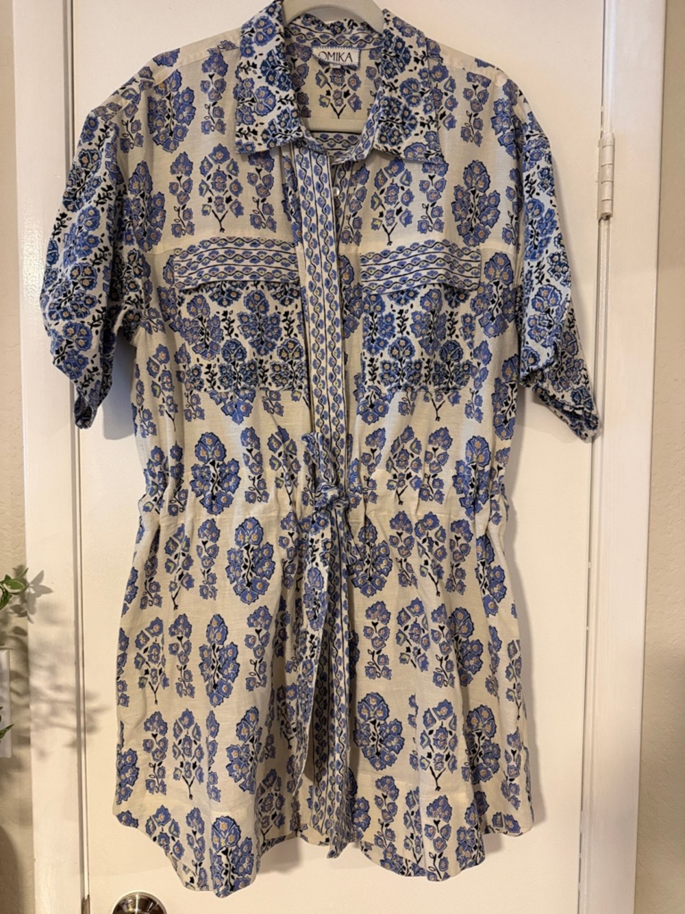 Omika Blue and Cream Floral Tie-Waist Mini Dress
